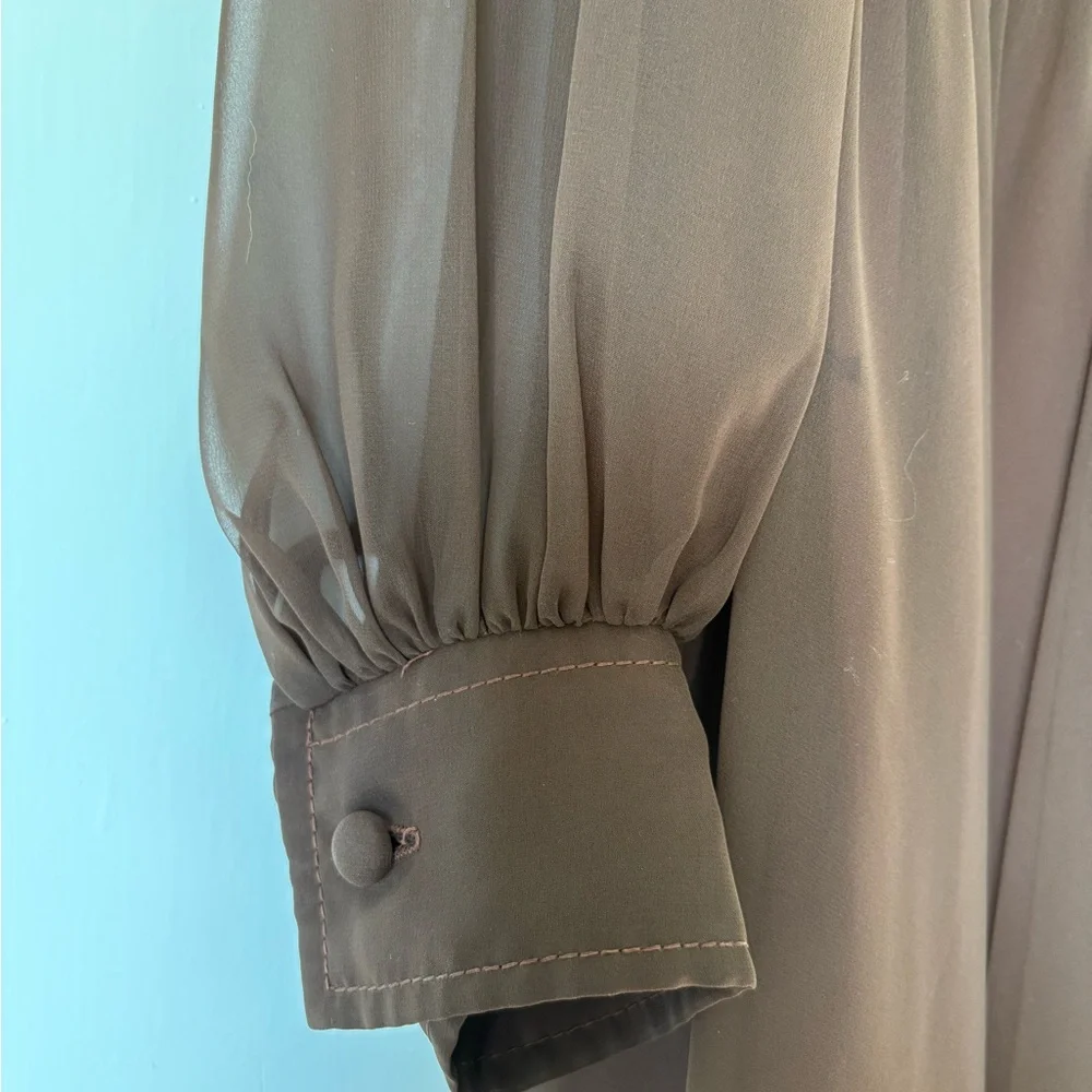 VTG 1960s Jack Bryan Chocolate Brown Pleated Chiffon Lantern Sleeve Midi Dress - Picture 5 of 9